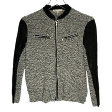 Maje S Womens Boucle Lamb Leather Zip Jacket Black Gray Metallic