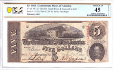 1863 $5 Confederate States of America T-60 PCGS Choice Extra Fine 45 #111722