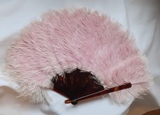 ANTIQUE PINK OSTRICH FEATHER HAND FAN FAUX TORTOISESHELL BURLESQUE ART DECO 20s
