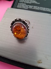 silver ,vtg large honey baltic amber sterling silver ring
