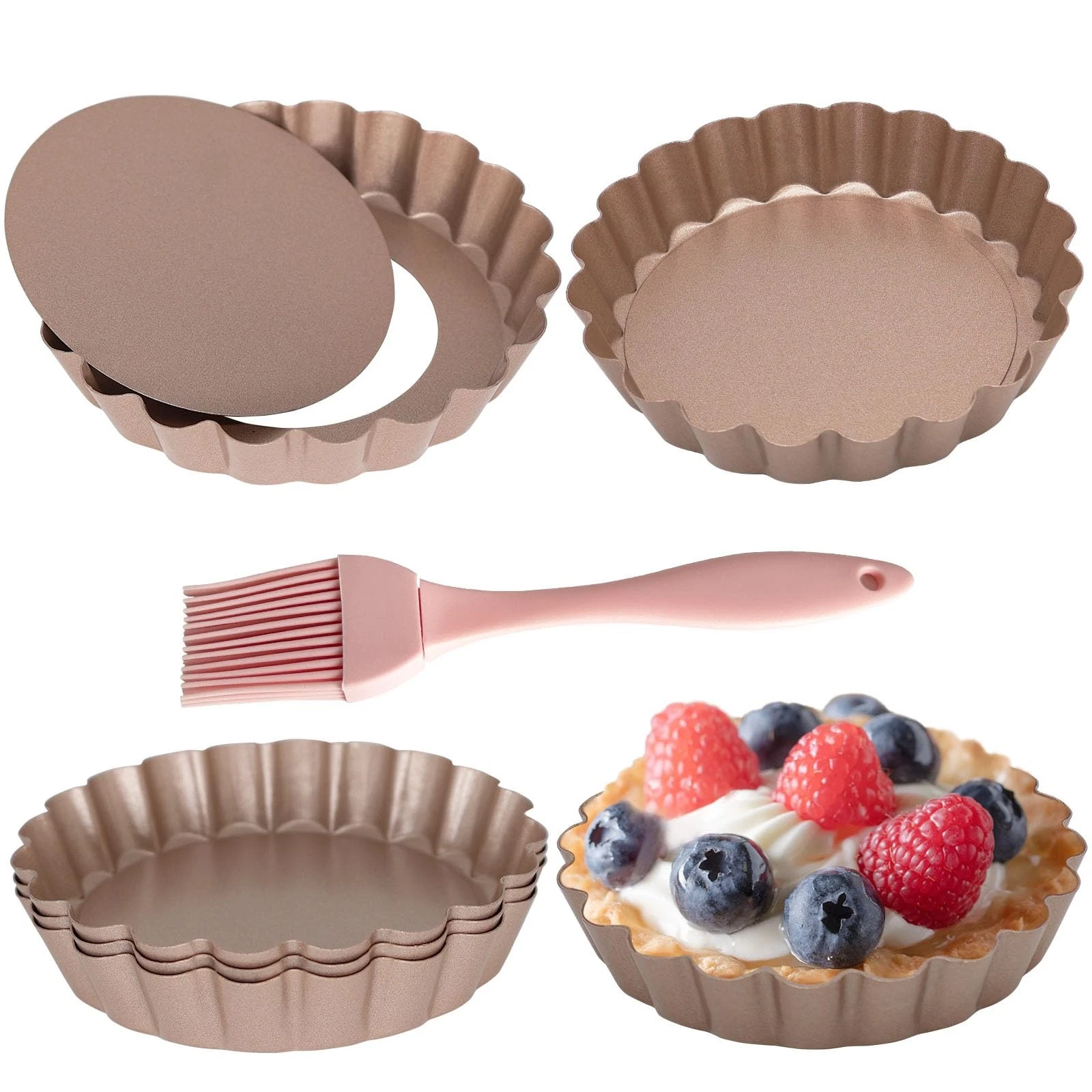 6 PCS Tart Pans Removable Bottom 4-Inch Quiche Nonstick Fluted Rose Gold