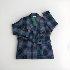 Italian VTG Mens Smoking Jacket Green Plaid House Robe Woll Blend Loungewear