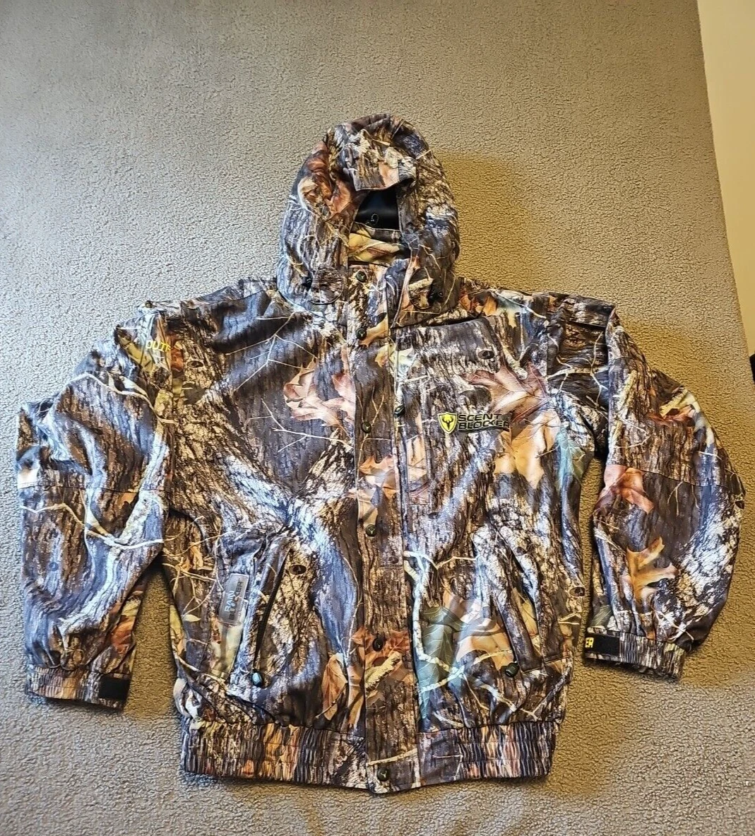 Scent Blocker Camo Jacket Mossy Oak Breakup Rain Blocker Hooded Mens XL Zip Snap