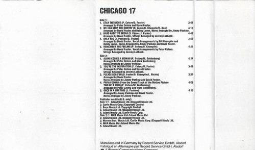 CHICAGO CHICAGO 17 CASSETTE ALBUM POP ROCK CLASSIC ROCK WB/FULL MOON - Picture 7 of 8