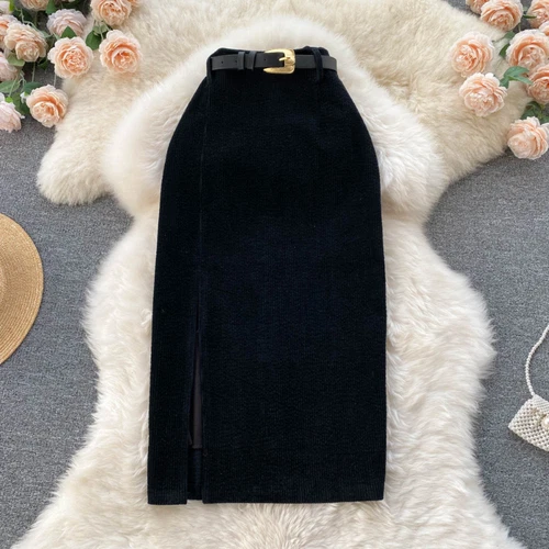 Women Midi Corduroy Skirt A-line Pencil Side Slit with Belt Retro Casual Dress - Bild 9 von 21