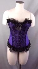 KIWI RATA Women's Overbust Corset Purple & Black Floral Trim Lace Up Size L