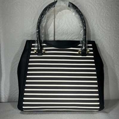 Talbots Black Striped Leather Tote Bag Women's