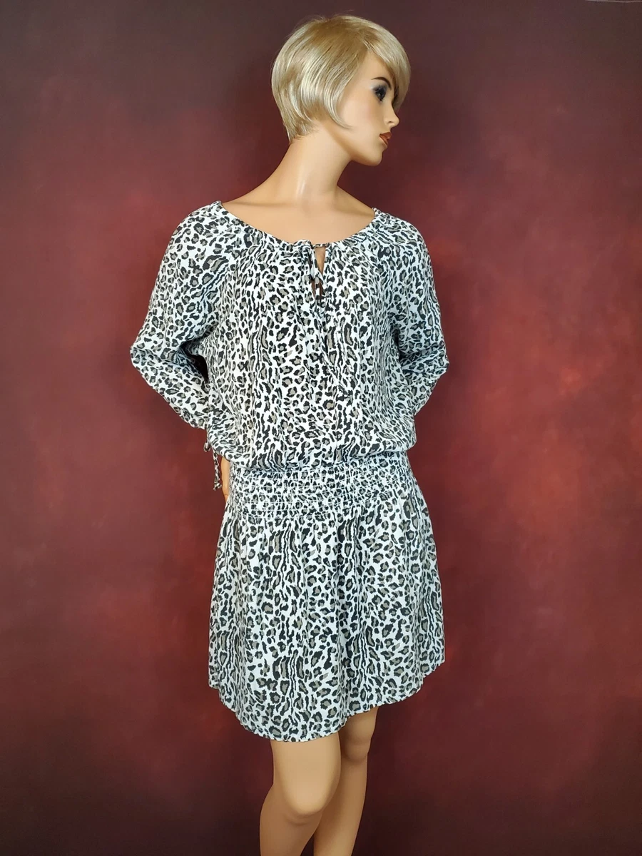 Vintage Saint Germain Paris Long Sleeve Smocked Blouson Dress Animal Print M L