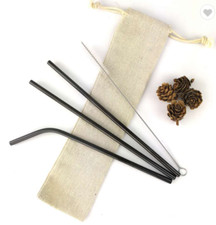 4pc Premium Stainless Steel Reusable Black Drinking Straw Set, Brush & Eco Pouch