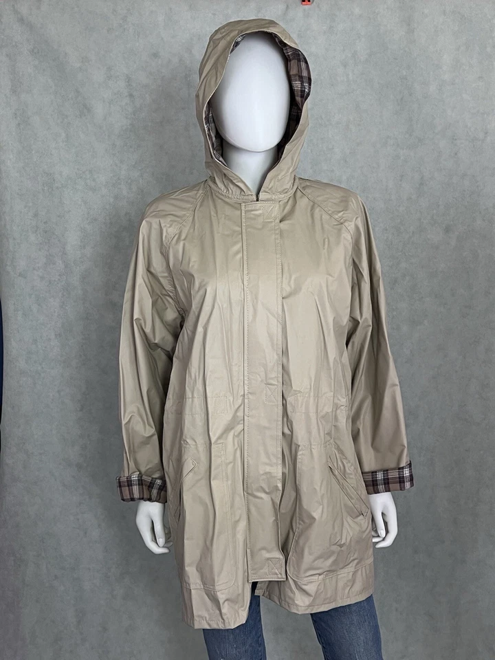 Jaqueta de chuva Totes PVC xadrez flanela forrada bege zíper completo tamanho pequeno com capuz - Imagem 2 de 4