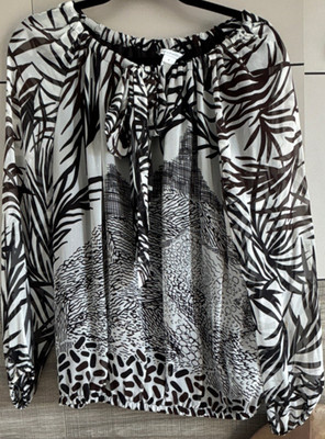 Diane von Furstenberg Black White Brown Animal Print Long Sleeve Blouse 6