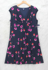 Chaps Dress 18W Blue Floral V Neck Waisted Knee Length Lightweight Cap Sleeve