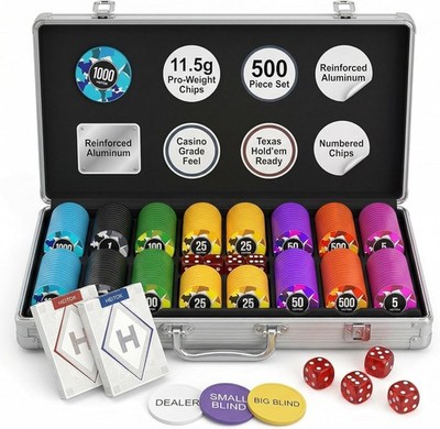500 Piece Poker Chip Set - 11.5g Heavyweight Numbered Chips with Aluminum Case, 