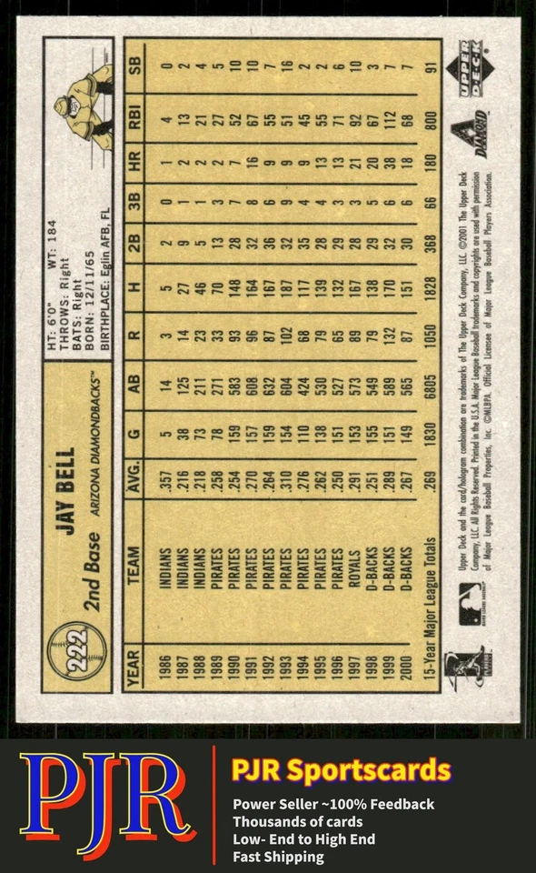 Jay Bell 2001 Upper Deck Vintage #222 Arizona Diamondbacks - Image 2 of 2