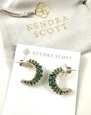 Kendra Scott Krista Half Hoop Earrings in Gold-Tone / Green Pave Crystal NEW