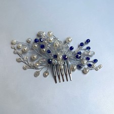 Blue Crystal  Pearl Bridal Hair Comb New In Packaging Handmade
