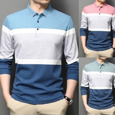 Herren Gestreiftes Shirt Tops Tee T-Shirt Bluse Knopf Henley Ausschnitt Stretch Slim