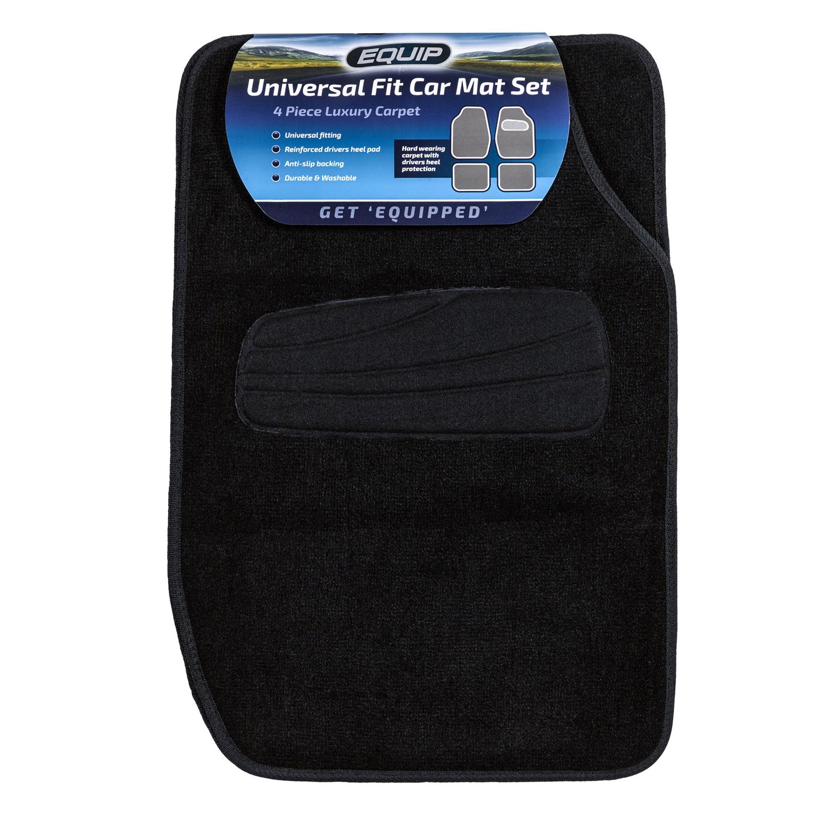 Equip Car Floor Mat Universal Fit Luxury Thick Pile Carpet Set of 4 - Black