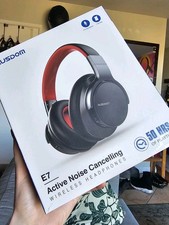 AUSDOM E7 Bluetooth Noise Cancelling Headphones, Microphone, 50Hr Play Red/Black