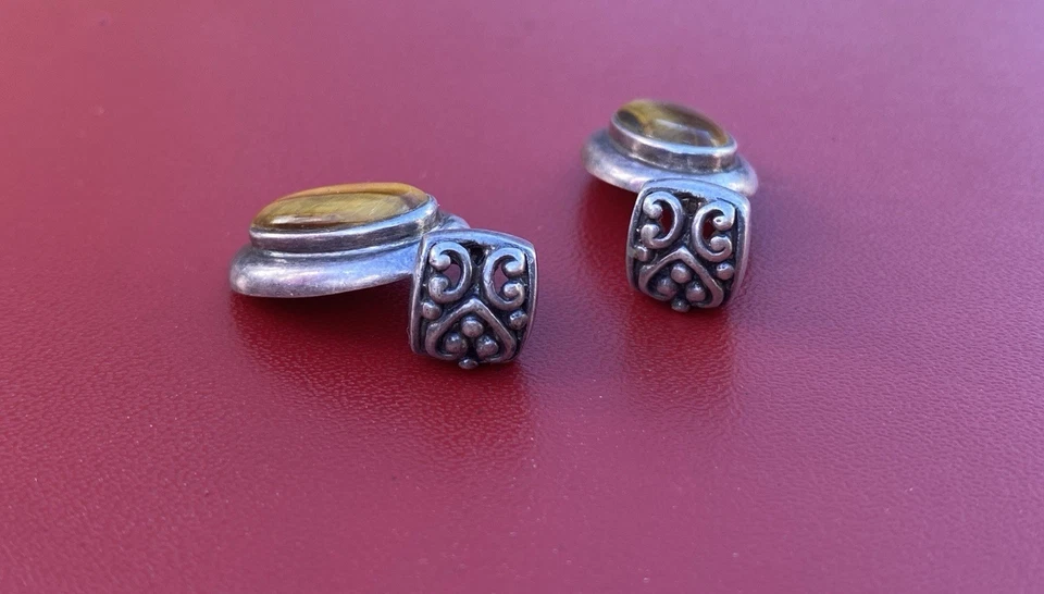Pendientes Vintage Plata de Ley 925 con Piedras Preciosas Ojo de Tigre Tailandia Aspecto SW Foto 3 de 4