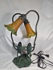 Double Lily Green/Amber Handpainted Glass Accent Frogs Lamp Tiffany Style *Read
