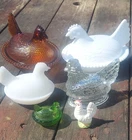 Vintage "Hen on a Nest" Collection Amber, (2) Milk Glass, Clear, Green