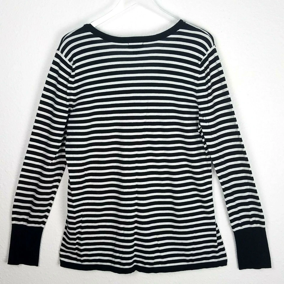 HALOGEN Women Sweater V-Neck 2X 18 Black White Striped Long Sleeve Women Pima - Image 2 of 4