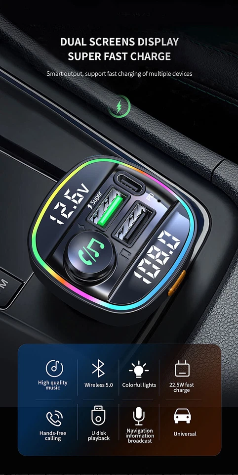 Bluetooth Car FM Transmitter MP3 Player Hands Free Radio Adapter Kit USB Charger - Image 2 of 4