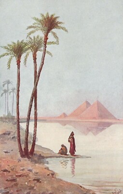 1910s Desert Cairo Egypt Great Pyramids of Giza original Print Painting Signed 