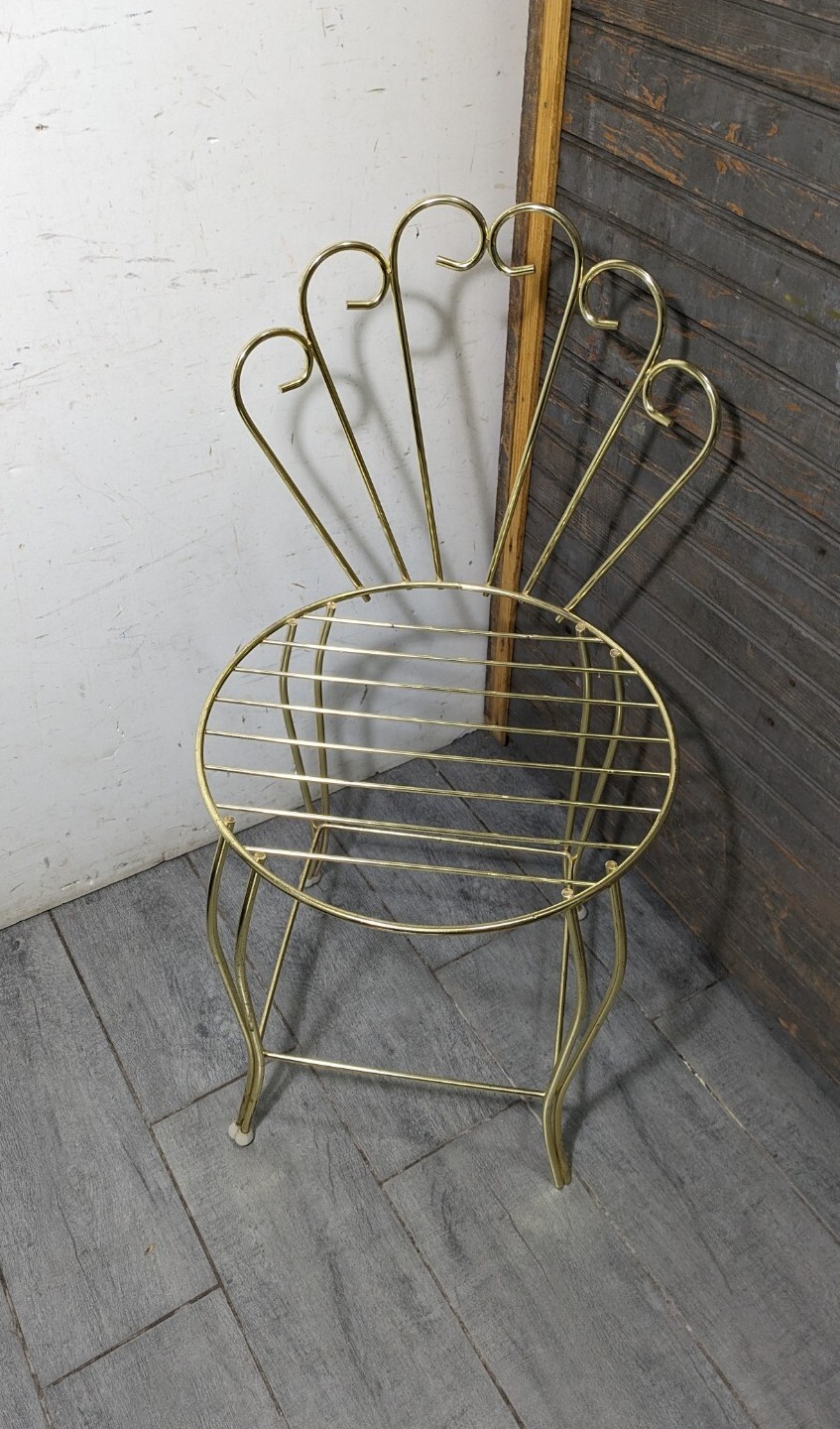 Vintage Gold Metal Vanity Chair Stool Hollywood Regency Vinyl Peacock