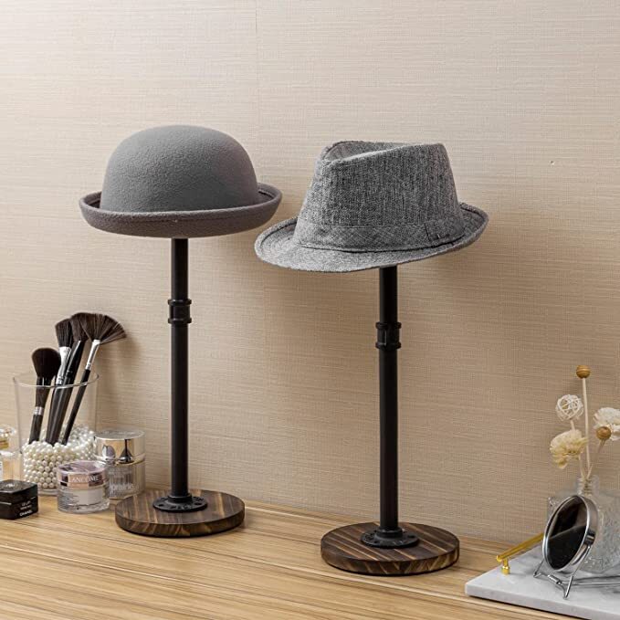 Wood Hat Holder Stand with Industrial Metal Pipe, Tabletop Hat Rack ...