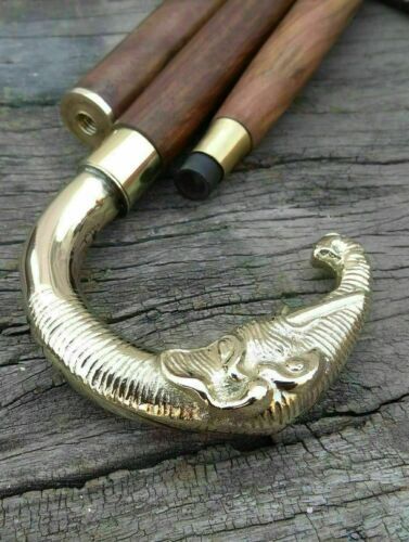 Solid Brass Elephant Head Handle Antique Wooden Walking Stick Cane Vintage Gift - Picture 2 of 4