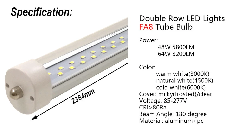 Double Row LED Tube Light 8FT,2.4m F96 Fluorescent Lamp FA8 R17R HO Rotated Bulb - Image 2 of 4