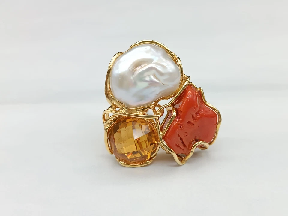 anello donna vero corallo rosso perla akoya bianca quarzo argento 925 regolabile - Immagine 3 di 4