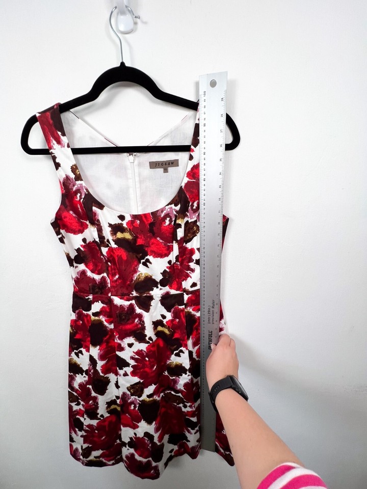Jigsaw Dress 10 White Red Summer Wedding Guest Cocktail Floral Fit
