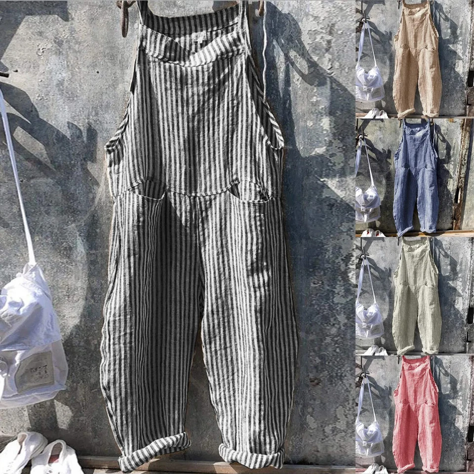 Mono Vintage Para Mujer Pantalones Carga Pierna Ancha Pantalones Multicolor Foto 3 de 4