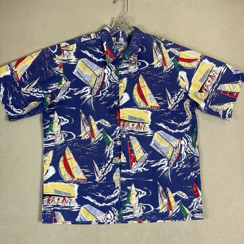 Reyn Spooner Shirt Mens Large Blue Hawaiian Sailboat Print Relaxed