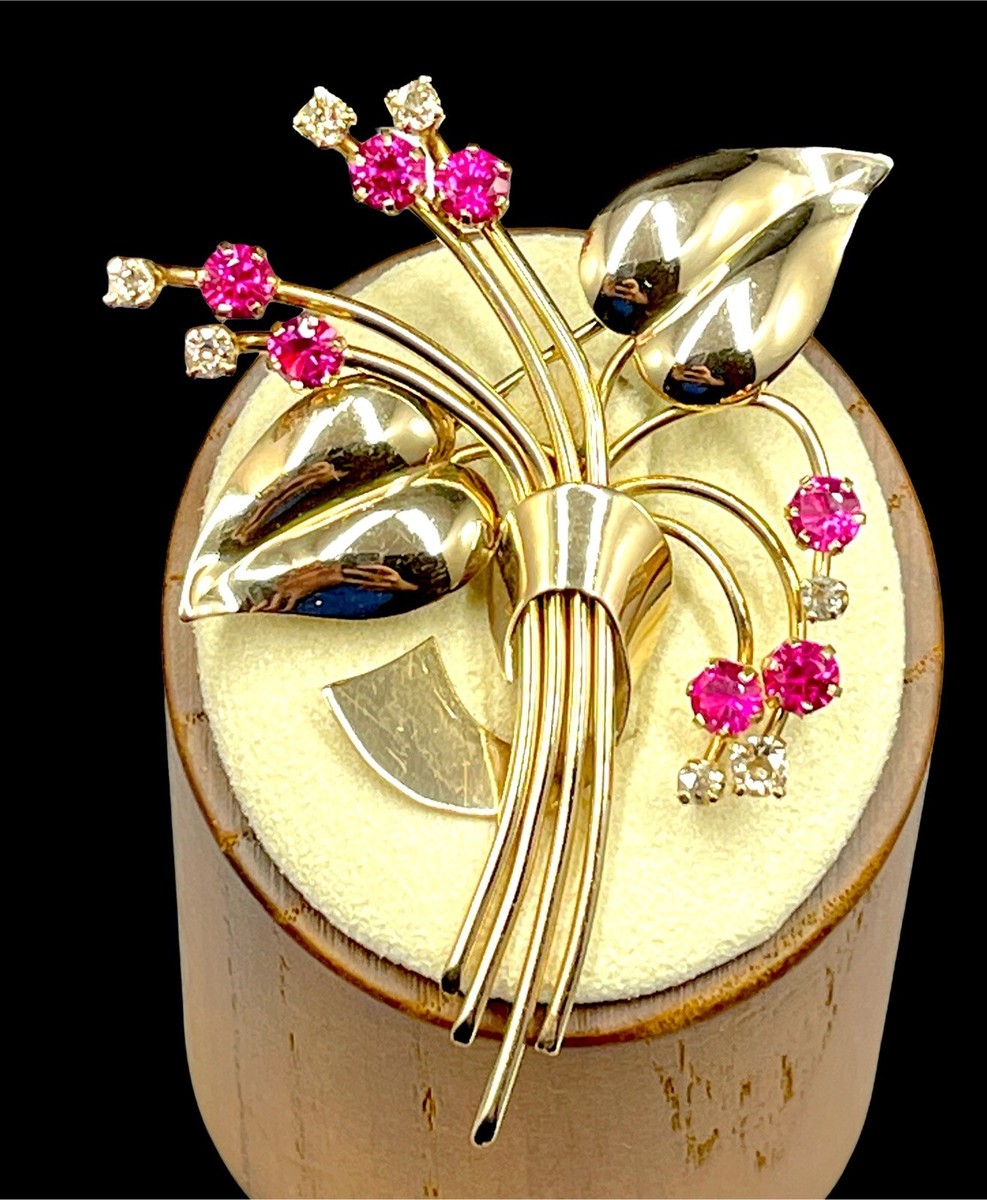 RARE 40'S CORO PEGASUS SOLID 10K GOLD DIAMOND PINK SAPPHIRE FLORAL