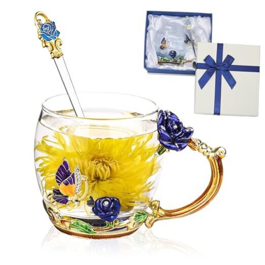 Flower Tea Cup ,Butterfly Rose Clear Glass Fancy Coffee Mug with Gold and Blue