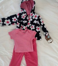 NWT Carter's 3 Pc Set -Fleece Flower Jacket, Striped One Piece, Pants ,Sz 6 mo