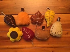 PRIM WOOL FELT ORNIES BOWL FILLERS EIGHT FALL AUTUMN PUMPKINS, LEAVES, SUNFLOWER