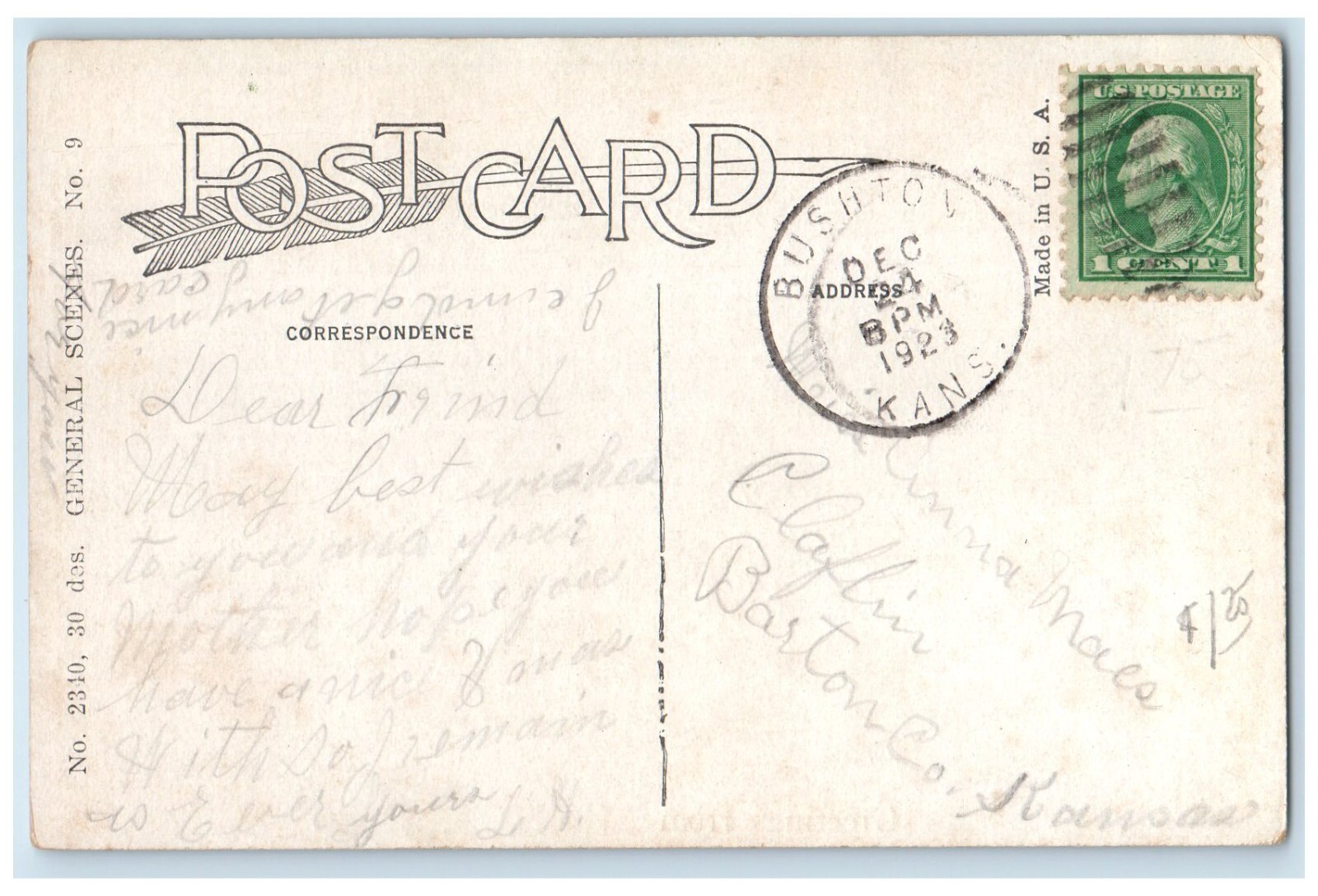 1923 Greetings From Trees Road Bushton Kansas KS Vintage Antique Posted