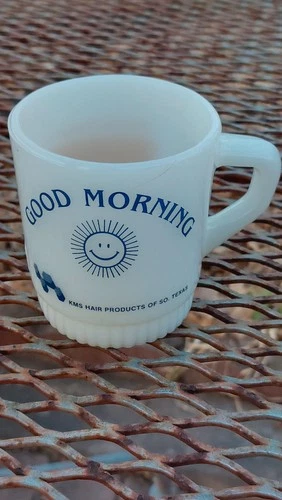 Vintage Fire King Milk Glass Good Morning Advertising Coffee Cup Mug 8 Oz 3.5"