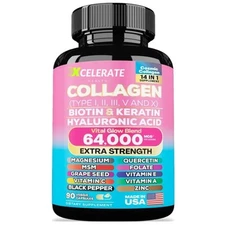 Collagen Peptides Types I, II, III, V & X MCG Biotin Keratin Hyaluronic Folate