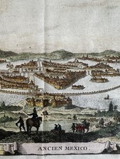 Mexico City early panorama birds-eye view 1750’s engraved print hand color