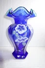 Fenton Hand Painted Art Glass Celebration Vase Blue Floral 75th Anniversary 1998