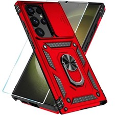 Samsung Galaxy S24 Ultra Case HD Screen Protector Kickstand Slide Cover, Red