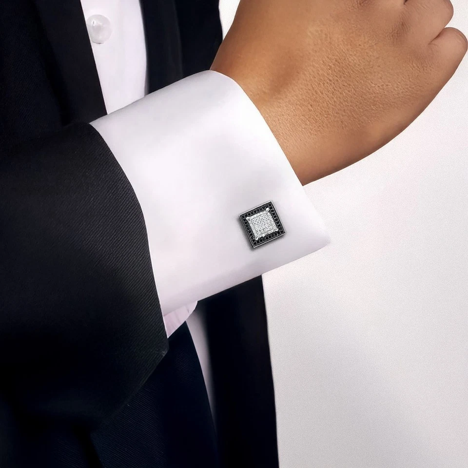 925 Sterling Silver Black White CZ Cufflinks - Image 2 of 4