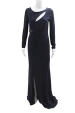 David Meister Womens Back Zip Crystal Trim Cut Out Knit Gown Navy Blue Size 6