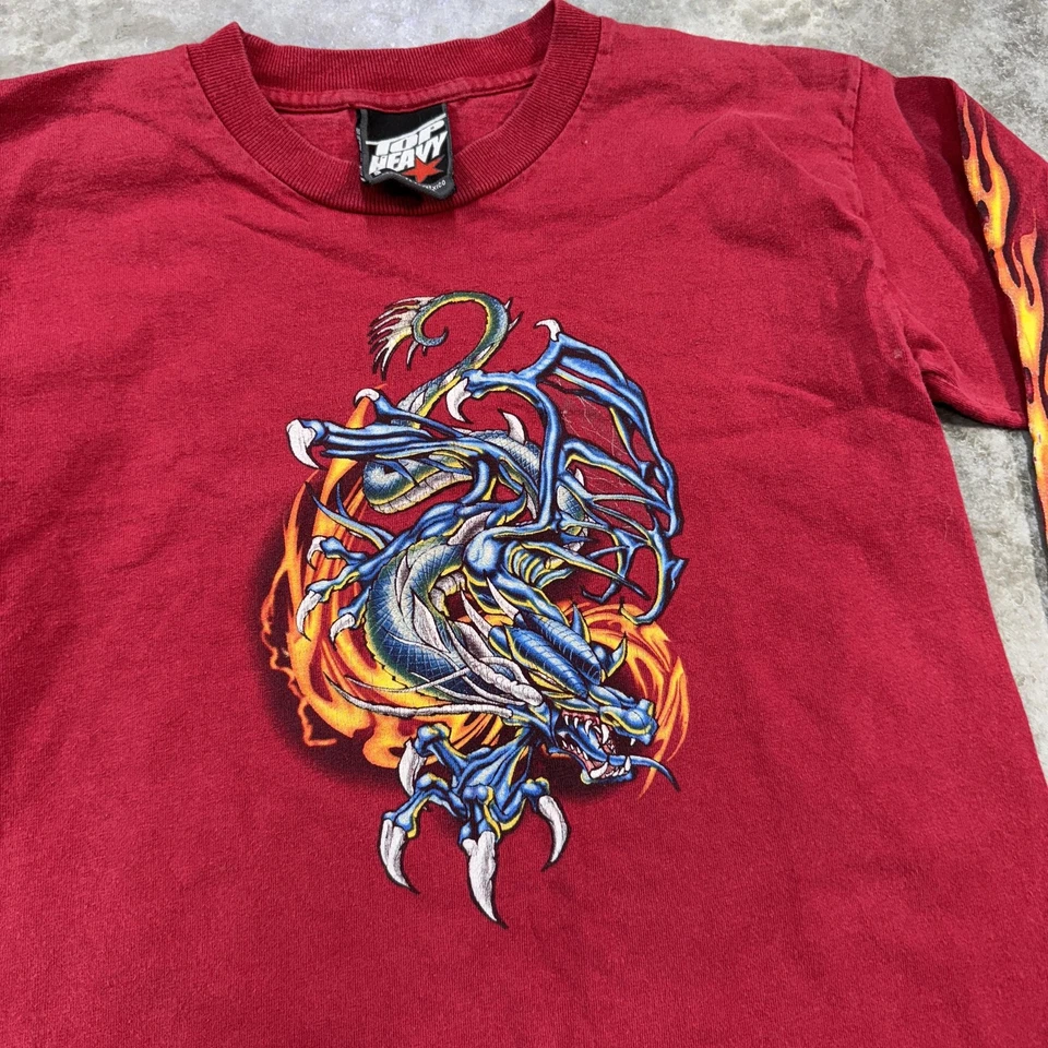 Top Heavy Shirt boys Small Red Dragon Flames Graphic Long Sleeve Y2K Skater Tee - Image 3 of 4